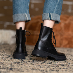 顯瘦增高馬丁靴女2025秋冬季新款真皮百搭側拉鍊系帶圓頭厚底短靴