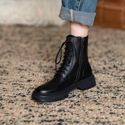 顯瘦增高馬丁靴女2025秋冬季新款真皮百搭側拉鍊系帶圓頭厚底短靴