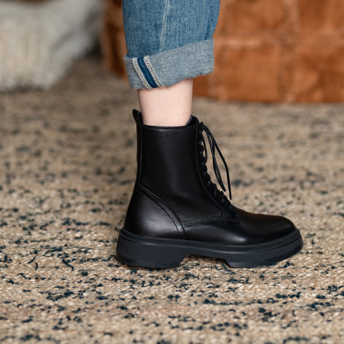 顯瘦增高馬丁靴女2025秋冬季新款真皮百搭側拉鍊系帶圓頭厚底短靴