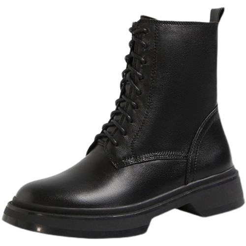 顯瘦增高馬丁靴女2025秋冬季新款真皮百搭側拉鍊系帶圓頭厚底短靴