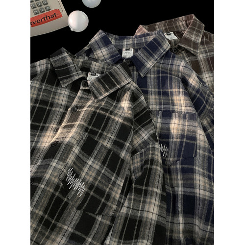 美式vibe格子襯衫男款春季潮牌百搭復古長袖襯衣高街休閒情侶外套