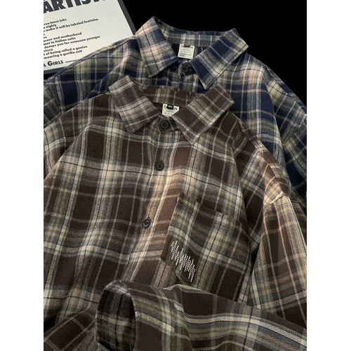 美式vibe格子襯衫男款春季潮牌百搭復古長袖襯衣高街休閒情侶外套