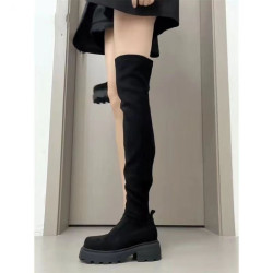 過膝靴女2024秋冬新款小個子長靴學院風長筒彈力靴厚底方頭騎士靴