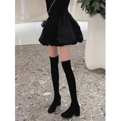 過膝靴女高跟彈力長筒靴秋冬季圓頭小個子絨面粗跟高筒瘦瘦長靴女