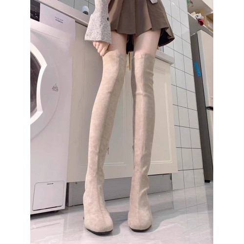 過膝靴女高跟彈力長筒靴秋冬季圓頭小個子絨面粗跟高筒瘦瘦長靴女 過膝靴女高跟彈力長筒靴秋冬季圓頭小個子絨面粗跟高筒瘦瘦長靴女