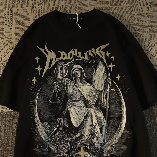 100%純棉美式復古街頭人像短袖t恤男女2026國潮歐美高街寬鬆半袖