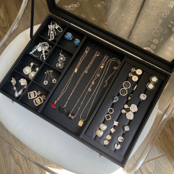 大號PU皮首飾收納盒透明玻璃有蓋大容量中號耳環盒戒指耳釘展示盒