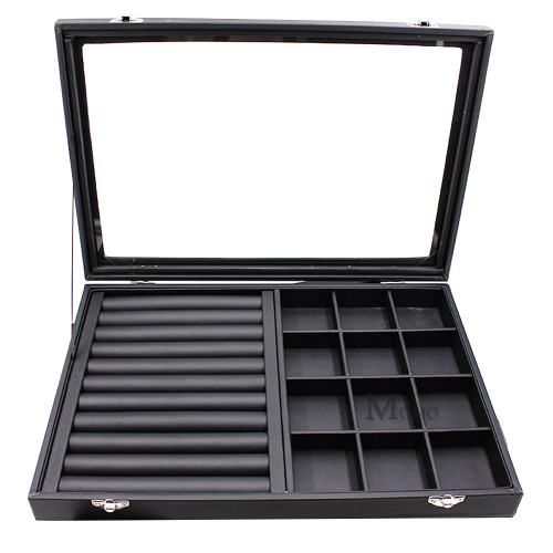 大號PU皮首飾收納盒透明玻璃有蓋大容量中號耳環盒戒指耳釘展示盒