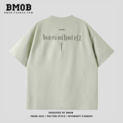 BMOB麂皮絨短袖T恤男潮牌美式復古重磅高街刺綉休閒半袖體恤上衣