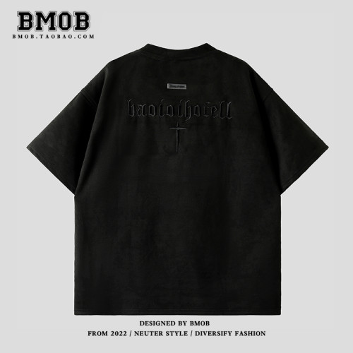 BMOB麂皮絨短袖T恤男潮牌美式復古重磅高街刺綉休閒半袖體恤上衣