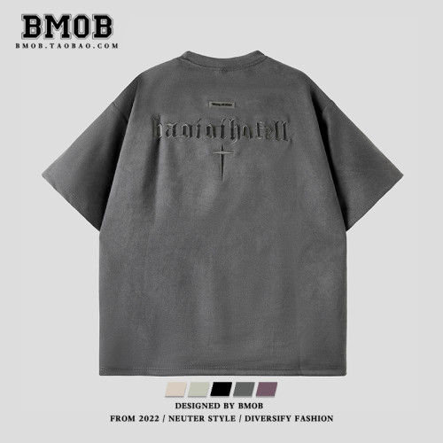 BMOB麂皮絨短袖T恤男潮牌美式復古重磅高街刺綉休閒半袖體恤上衣