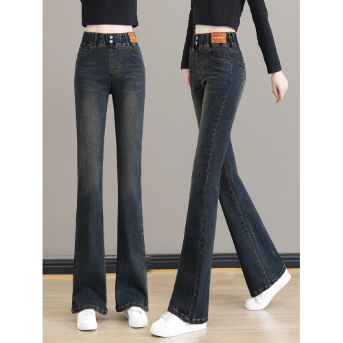 松緊腰微喇褲女春季大碼牛仔褲2026新款女士高腰顯瘦馬蹄喇叭褲子