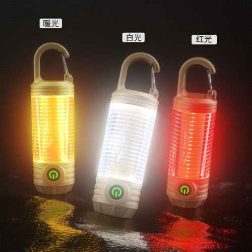微笑鯊可攜式可充電掛鉤隨身後後背包信號燈三色光迷你卡釦露營手電筒
