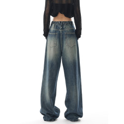 KEN STUDIO2026春夏新款美式復古水洗直筒牛仔褲女寬鬆濶腿褲褲子