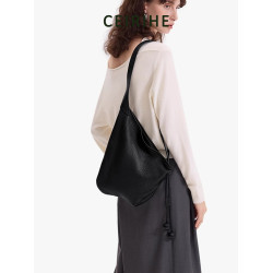 CEIRIHE 頭層泡泡紋羊皮牛角包女慵懶HOBO真皮托特包包單肩斜後後背包