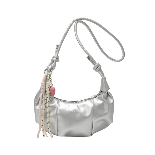 夏天銀色超火可頌褶皺牛角包包女式2025新款高級感小衆斜背餃子包