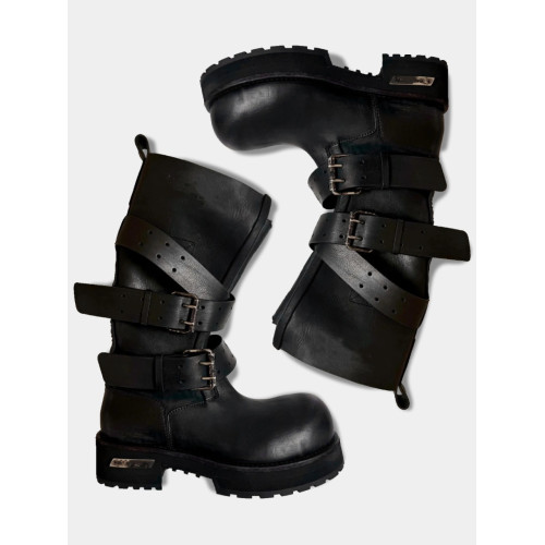 米奇大頭馬丁靴男女同款皮帶釦暗黑工裝靴子復古機車靴毒液時裝靴