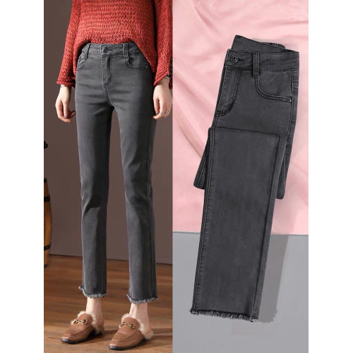 菸灰色直筒牛仔褲女春季新款八分小個子高腰復古毛邊九分菸琯褲子