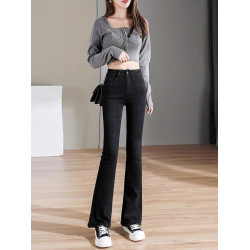 黑色高腰微喇牛仔褲女2026年春秋新款小個子女士秋冬加絨喇叭褲子