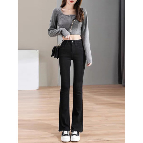 黑色高腰微喇牛仔褲女2026年春秋新款小個子女士秋冬加絨喇叭褲子 黑色高腰微喇牛仔褲女2026年春秋新款小個子女士秋冬加絨喇叭褲子