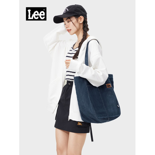 Lee官方丹甯牛仔托特包女生大容量單肩包戶外通勤包收納袋腋下包