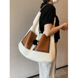 歐美風高級感大托特包2026女式鏤空網格布拼真皮單肩購物袋斜後後背包