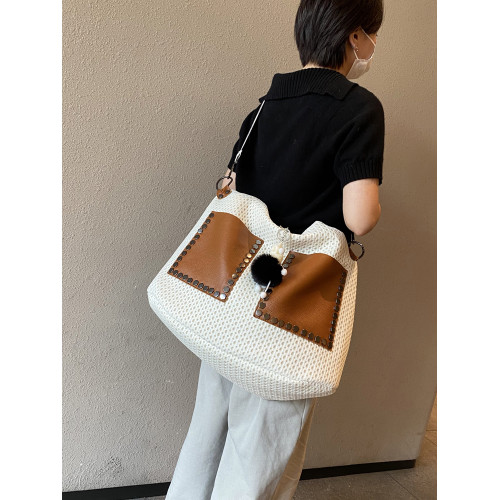 歐美風高級感大托特包2026女式鏤空網格布拼真皮單肩購物袋斜後後背包