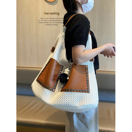 歐美風高級感大托特包2026女式鏤空網格布拼真皮單肩購物袋斜後後背包