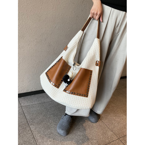 歐美風高級感大托特包2026女式鏤空網格布拼真皮單肩購物袋斜後後背包