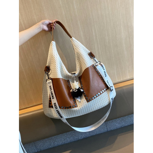 歐美風高級感大托特包2026女式鏤空網格布拼真皮單肩購物袋斜後後背包