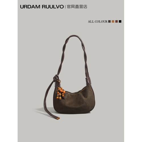 UR麂皮絨磨砂馬鞍包女式2025新款冬季日常百搭通勤單肩斜背餃子包