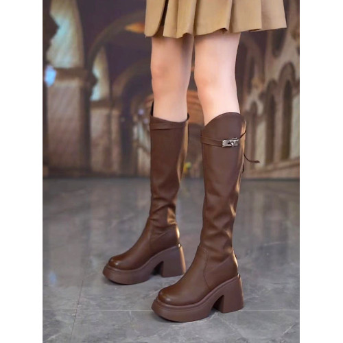 品牌鞋真皮防水台厚底長靴女2026秋年冬皮帶釦粗跟顯瘦高跟馬丁靴