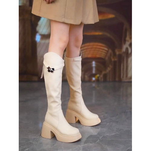 品牌鞋真皮防水台厚底長靴女2026秋年冬皮帶釦粗跟顯瘦高跟馬丁靴