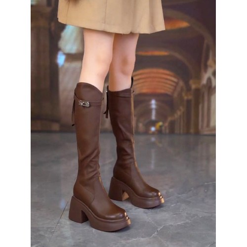 品牌鞋真皮防水台厚底長靴女2026秋年冬皮帶釦粗跟顯瘦高跟馬丁靴