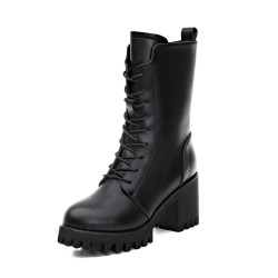 高跟馬丁靴女2026春秋新款單靴真皮厚底中筒靴粗跟圓頭系帶短靴潮