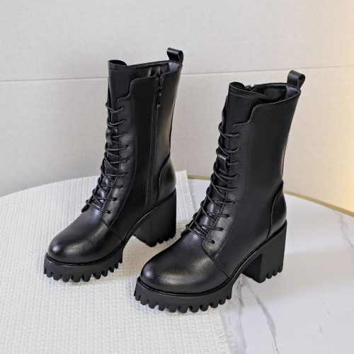 高跟馬丁靴女2026春秋新款單靴真皮厚底中筒靴粗跟圓頭系帶短靴潮