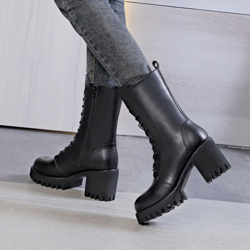 高跟馬丁靴女2026春秋新款單靴真皮厚底中筒靴粗跟圓頭系帶短靴潮