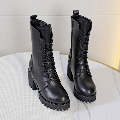 高跟馬丁靴女2026春秋新款單靴真皮厚底中筒靴粗跟圓頭系帶短靴潮