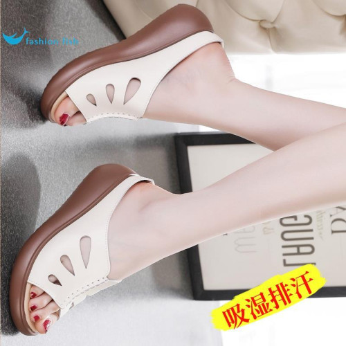 真皮軟底涼鞋女外穿2026夏新款中年涼拖女防滑牛筋底洞洞鞋外穿