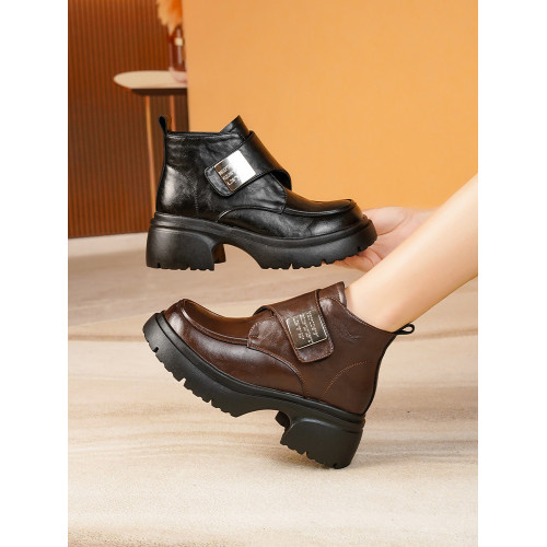 真皮厚底短靴女2025新款秋冬季皮鞋增高加絨棉鞋羊皮毛一體雪地靴