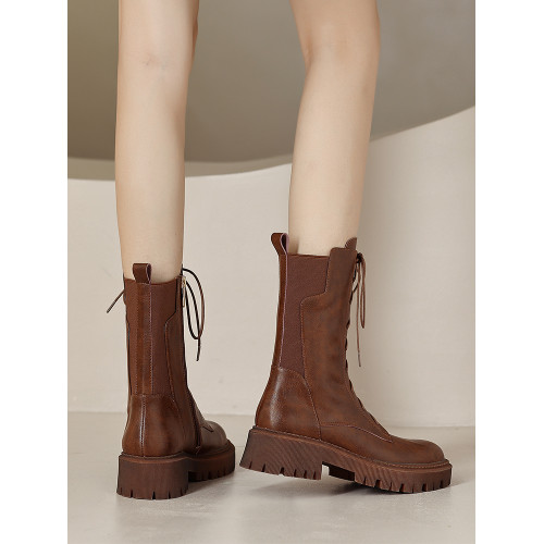 棕色真皮馬丁靴女彈力瘦瘦靴英倫厚底短靴中筒切爾西春秋單靴大碼 棕色真皮馬丁靴女彈力瘦瘦靴英倫厚底短靴中筒切爾西春秋單靴大碼