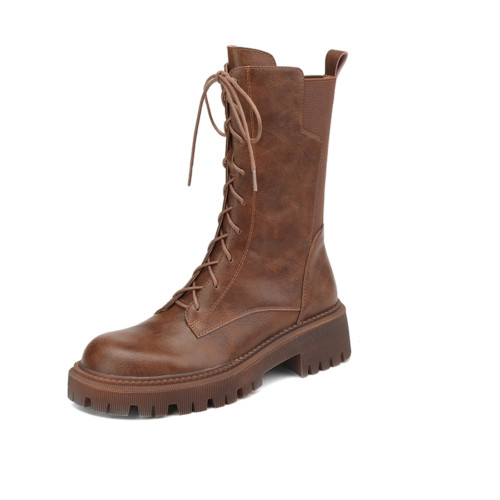 棕色真皮馬丁靴女彈力瘦瘦靴英倫厚底短靴中筒切爾西春秋單靴大碼 棕色真皮馬丁靴女彈力瘦瘦靴英倫厚底短靴中筒切爾西春秋單靴大碼