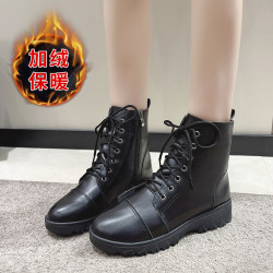 馬丁靴女秋冬季加絨棉鞋爆款英倫風大碼41短靴系帶黑色圓頭靴子