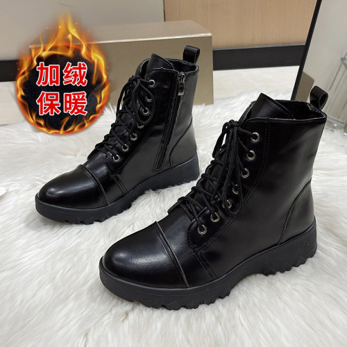 馬丁靴女秋冬季加絨棉鞋爆款英倫風大碼41短靴系帶黑色圓頭靴子 馬丁靴女秋冬季加絨棉鞋爆款英倫風大碼41短靴系帶黑色圓頭靴子