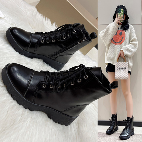 馬丁靴女秋冬季加絨棉鞋爆款英倫風大碼41短靴系帶黑色圓頭靴子 馬丁靴女秋冬季加絨棉鞋爆款英倫風大碼41短靴系帶黑色圓頭靴子