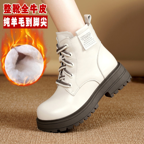 女士白色馬丁靴女款冬季加絨女鞋加厚真皮棉鞋皮鞋羊毛靴子雪地靴