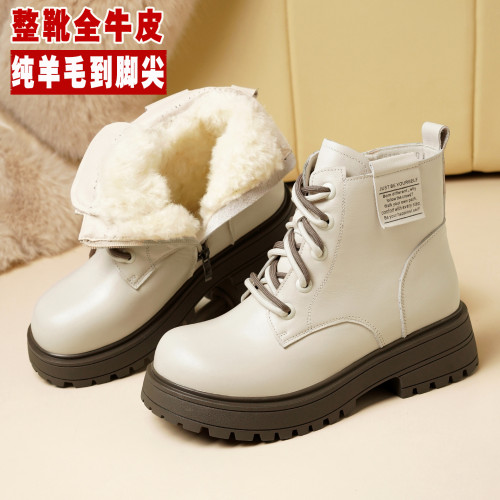 女士白色馬丁靴女款冬季加絨女鞋加厚真皮棉鞋皮鞋羊毛靴子雪地靴