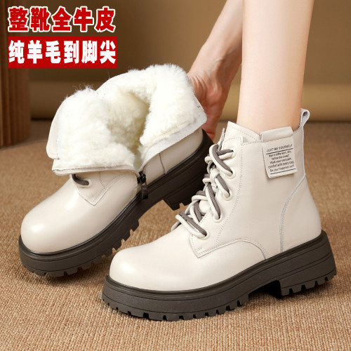 女士白色馬丁靴女款冬季加絨女鞋加厚真皮棉鞋皮鞋羊毛靴子雪地靴