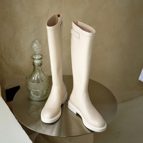 琴小閒不過膝長靴女米白色真皮高筒靴後拉鍊顯瘦彈力靴及膝瘦瘦靴