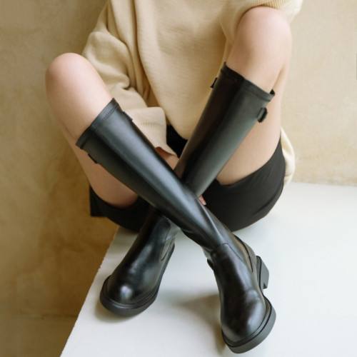 琴小閒不過膝長靴女米白色真皮高筒靴後拉鍊顯瘦彈力靴及膝瘦瘦靴